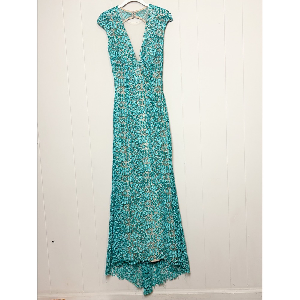 Jovani Turquoise Lace Silk Open Back Maxi Dress Evening Gown 4 Prom Illusion